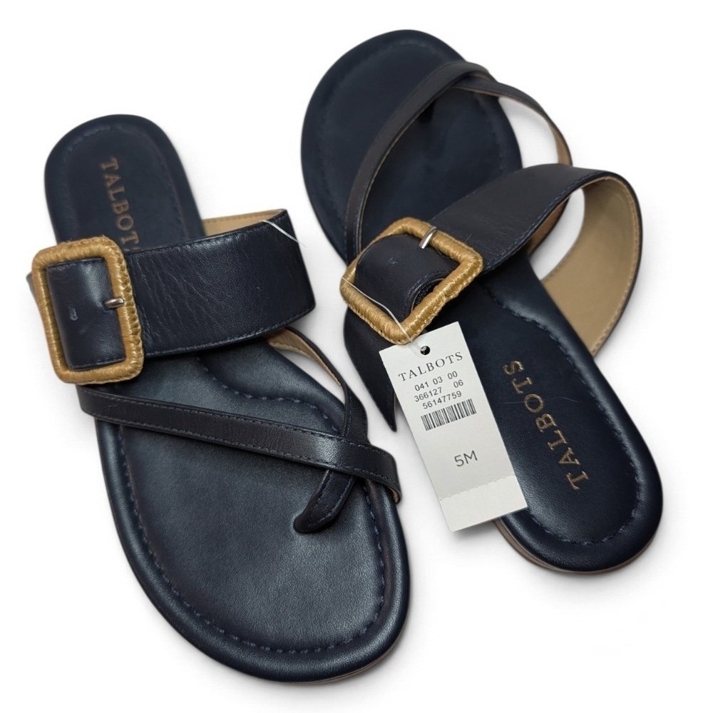 TALBOTS Gia Buckle Nappa Leather Sandals Women 5M Blue Toe Loop Flat Slide Shoe